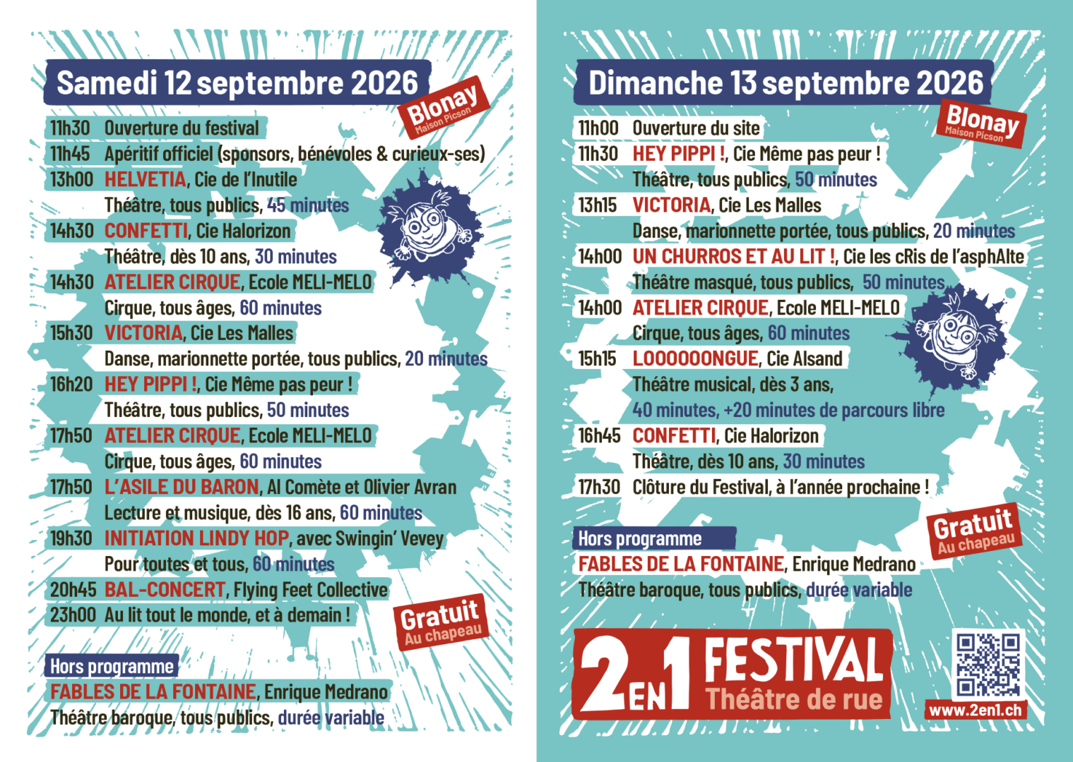 Programme du 2en1 Festival de théâtre de rue à Blonay